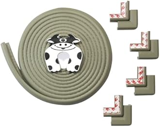 BabySafeHouse Edge Guard and Corner Protector – Extra Long 19ft (16.5ft Edge + 8 Pre-Taped Corner Guards) and Cow Shape Door Stopper (Grey Color) for Baby Proofing & Child Safety