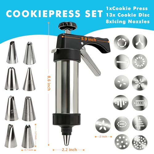 Stainless Steel Cookies Press,Cookie Press Gun Kit with 13 Cookie Discs and 8 Piping Tips for DIY Various Cookies Maker - Thumbnail 6