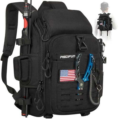 Piscifun Fishing Tackle Backpack with Rod & Gear Holder, Lightweight Outdoor Water-Resistant Fishing Shoulder Storage Bag with Protective Rain Cover, Black - image 1