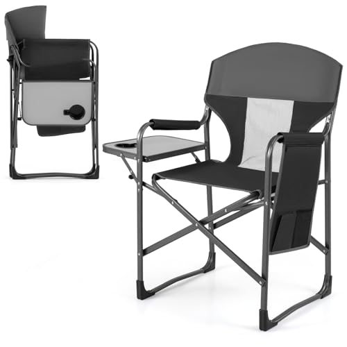 COSTWAY Regiestuhl klappbar, Campingstuhl mit Seitentisch, Seitentasche & Getränkehalter, Angelstuhl bis 180 kg belastbar, tragbarer Klappstuhl für Camping, Picknick & Festival (Schwarz + Grau)