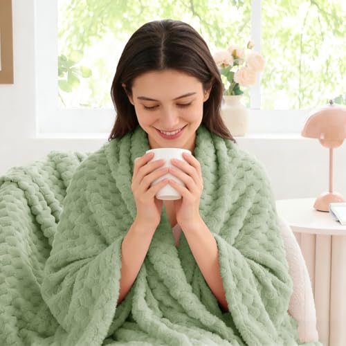 Image of BEDELITE Sage Green Twin Blanket for Couch, Soft Cozy Gift for Women, 60*80 | 3D Jacquard Decorative Fleece Blanket, Super Soft Plush Throws, Cute Birthday Gift for Women & Men, Suitable for All Seasons