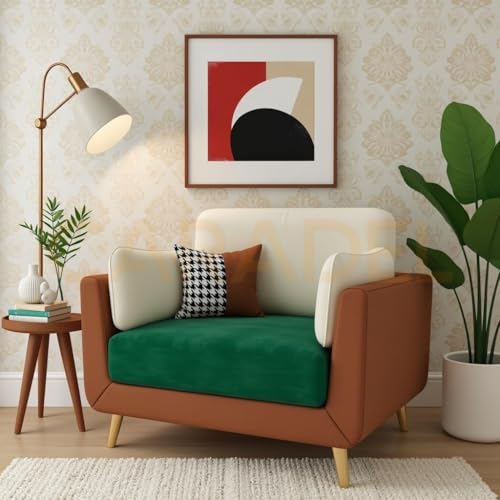 Image of Windsor 1 Seater Sofa Living Room Green-Beige | Comfortable Sofa Set 1 Seater | Premium Fabric Sofa Couch for Living Room Festival Gift- 1 Year Warranty