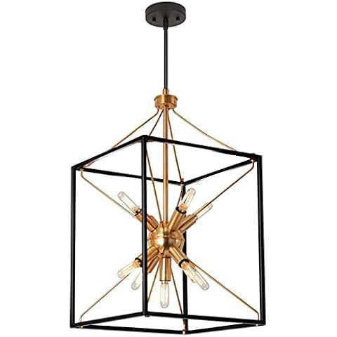 JianJud Chandeliers 9-Light Adjustable Height Lantern Pendant Light with Black and Brass Finish for Dining & Living Room, Foyer, Bedroom, Kitchen Island and Entryway Iron Cover