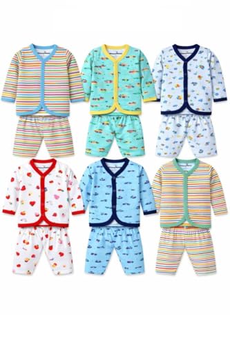Image of NammaBaby New Born Baby Combo Set Cotton Front Open Full Sleeves Vest- Tshirt Jhabla (6PC) and Unisex Kid's Pajama with Booties (6PC)- Perfect for Your Infants with Cutely Print (12 Pieces)