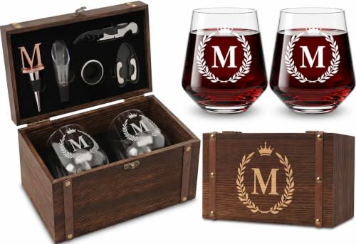 Personalized Initial Wine Glass for Women, Monogrammed Gift Set with 2 Engraved Wine Glasses, Custom Wine Glasses, Wooden Gift Box with Wine Accessories, Birthday Gift for Her