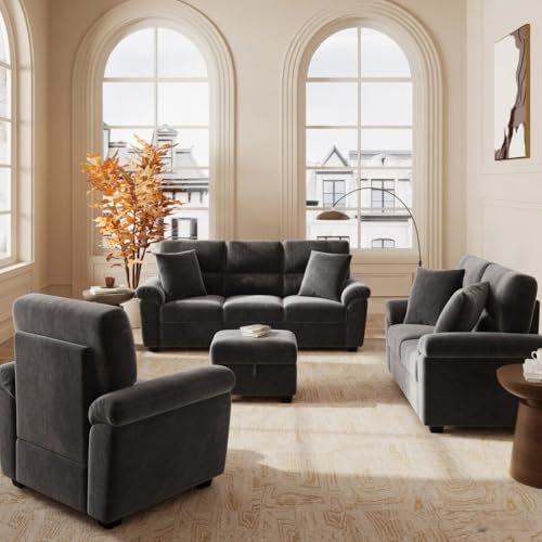 Image of Anderson 6 Seater Fabric Sofa Set (3+2+1) with Storage Ottoman Dark Grey, Premium Velvet Finish Upholstery, Solid Wood Frame, High Density Foam Cushions, Modern Living Room Furniture