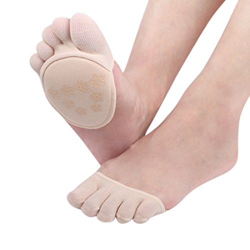 2 Pairs Ball of Foot Cushion Socks for High Heels - Women No Show Non Skid Toe Cover Half Socks - Forefoot Metatarsal Pain Relief (Beige - Full Toes)