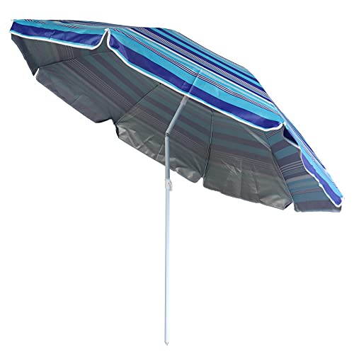 ELLUG gestreifter Sonnenschirm Marktschirm Sonnenschutz UV-Schutz UPF 50+ 180cm aus Stahl mit Kippfunktion höhenverstellbar Strandschirm Balkonschirm Gartenschirm (Blau)