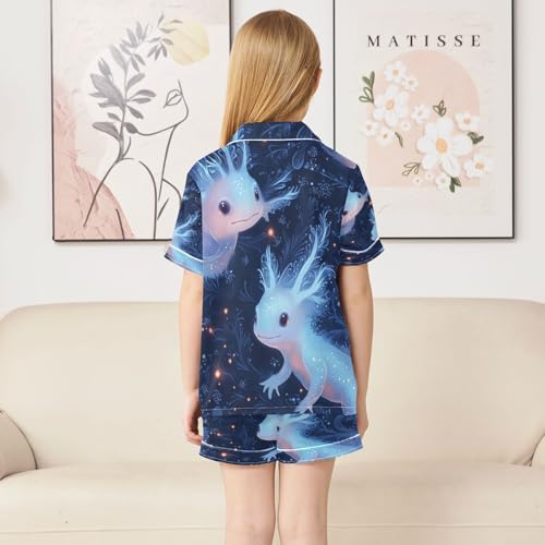 Satin Pajama Sets Short Sleeve Magical Creatures in Night Button Down Silky Nightwear 2 Piece PJS 5-14Y4