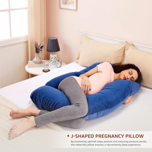 Image of Amazon Basics Full Body Pregnancy Pillow for Maternity,Baby Nursing,Full Body Support-|Perfect Baby Shower Gift|J-Shaped-Washable Cover with Zip - Navy Blue, Velvet