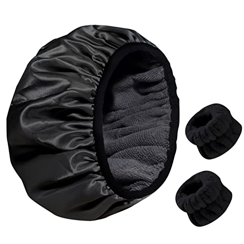 AYNKH Towel Lined Shower Cap, Microfiber Terry Cloth Silky Satin Stretchy Bathing Cap