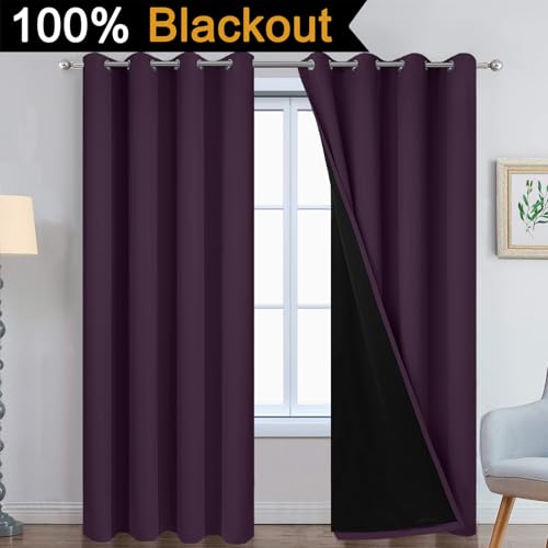 Image of Yakamok Purple 100% Blackout Curtains 84 Inches Long for Bedroom 52 inch Wide | Blackout Curtain Panels for Bedroom, 2 Thick Layers Grommet Top Thermal Insulated Drapes with Black Liner for Living Room