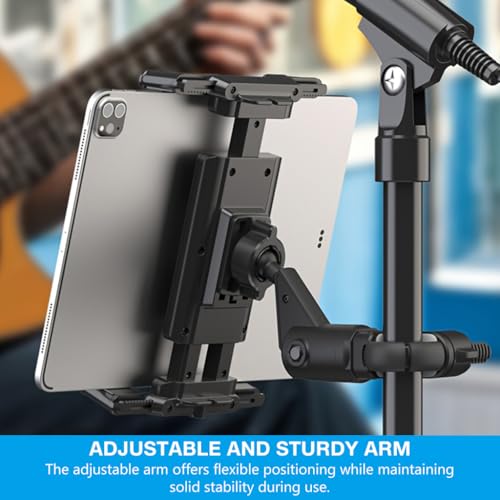 Image of HASTHIP Tablet Phone Holder for Microphone Stand, Universal Clamp Mount for 4.7-13 inch Tablets & Smartphones, 360 Rotating, Adjustable Arm, Portable Mic Stand Clip for Live Streaming, Performers