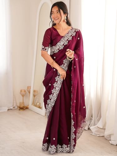 Image of SIRIL Women's Tissue Silk Sequence Embroidery Saree With Unstitched Blouse Piece