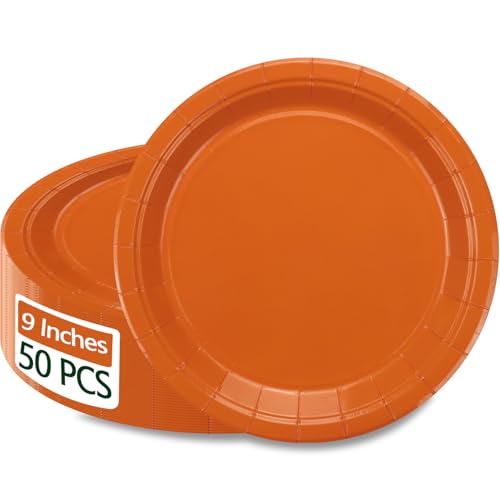 PTECDROTS 50Pcs Orange Paper Plates - 9 Round Disposable Dinner Plate for Halloween Baby Shower Orange Birthday Party Supplies