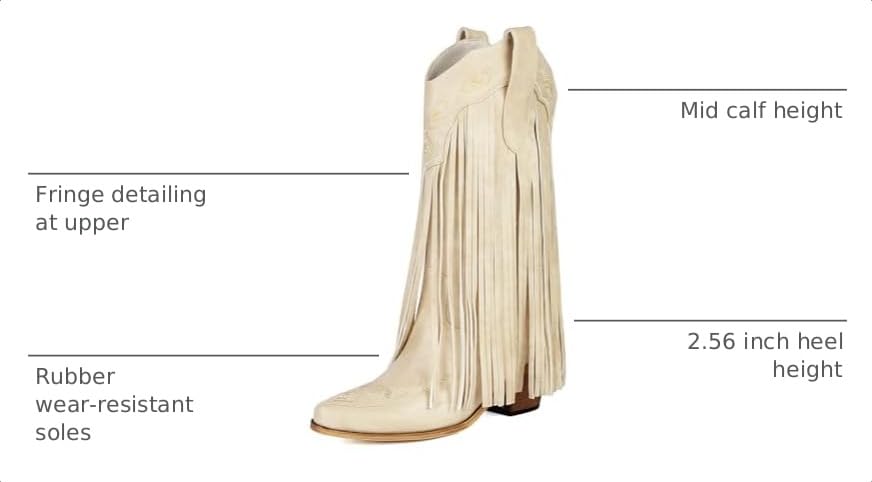 Image of Embroidered Fringe Cowboy Boots for Women, Pull On Mid Calf Chunky Block Heel Pointed Toe Western Cowgirl Boots Riding Country Boot Retro Boots