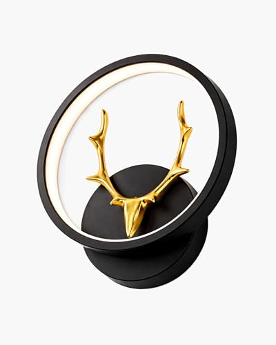 Image of Homesake LED Wall Lamp for Living Room Bedroom, Modern Golden Deer Decorative Wall Light, Warm White Indoor Designer Home Decor Light, Stag Face, Circular Frame, (Black, Round)