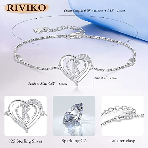 Riviko Heart Initial Bracelets For Women, 925 Sterling Silver Dainty Letter K Bracelets , Personalized Initial Charm Alphabet Jewelry Valentines Christmas Anniversary Mother's Day Birthday Graduation Gifts For Women Girls Her Mom Wife Lady #TOP4