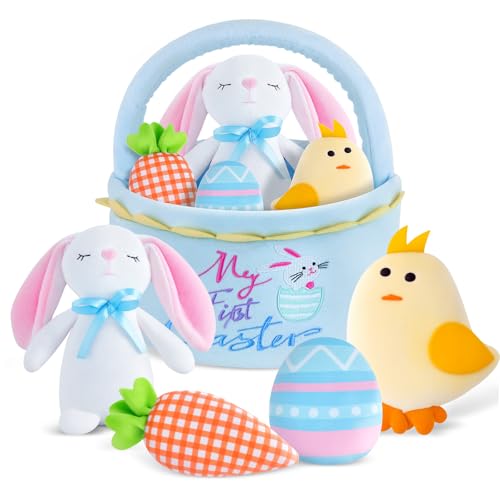 My First Easte First Easter Basket Stuffers Playset 5 Piece Stuffed Plush Bunny Chick Carrot Egg for Girls Boys Kids Infant Toddler