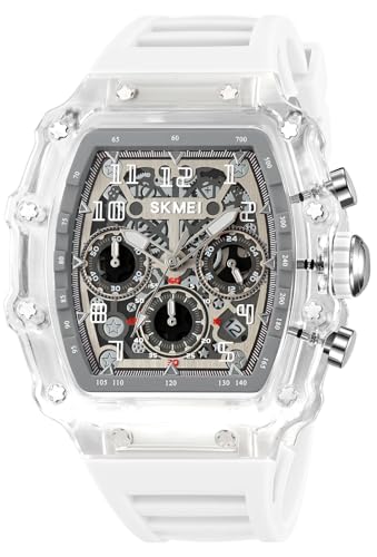 MASTOP Fashion Hollowed Men Watches Tonneau Transparent Skull Big Face Analog Display Silicone Strap Chronograph Calendar Quartz Waterproof Trend Male Wrist Watch (Transparent)
