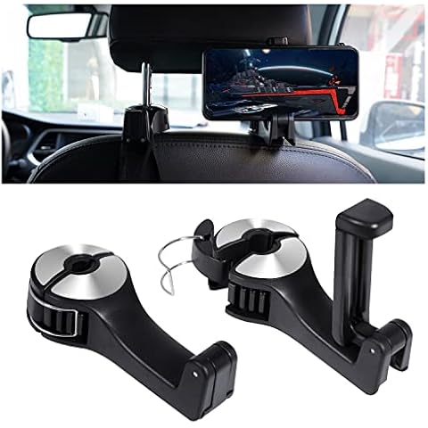2 In 1 Car Phone Holder Phone Mount Seat Hooks Headrest Hook car hanger for Purses and Bags,Pack of 2,(Silver) Cover