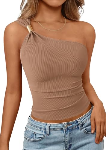 PRETTYGARDEN Women's Asymmetrical One Shoulder Y2K Tops, Khaki,M