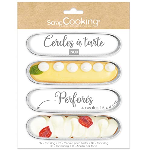 SCRAP COOKING ScrapCooking 1325 4 Oval Perforated Tart Circles - Individual Pie Frames 15 x 4 cm - Stainless Steel Pastry Frame Moulds - Uniform Baking - Pastry Accessories for Cake Dessert