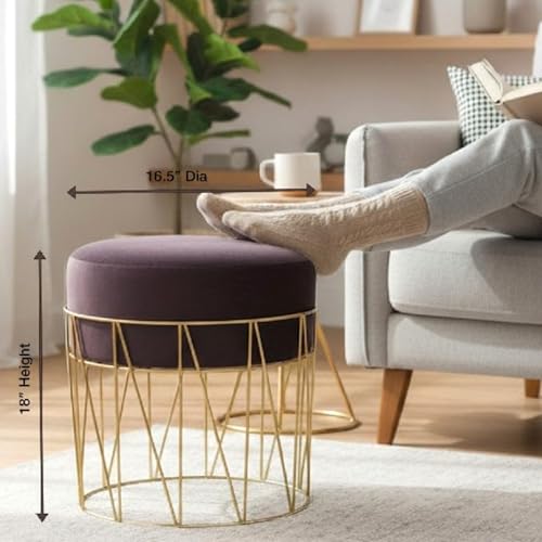 Image of Premium Set of 2 Gold Metal Ottoman Pouffe Stool & Footrest for Living Room & Bedroom | Wine Soft & Classy Mosha Fabric with Linear Frame | 18 inch Height | Luxury Multipurpose Furniture & Home Decor