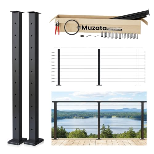 Muzata 4-8FT Modular Black Cable Railing Kit 36 Inch 2 Level Post Kit Complete Set Cable Railing System for Decks Length Adjustable Easy DIY with Paper User Guide (No Handrail) RW17