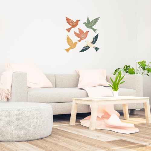 Image of GiftOday Wooden 3D Birds Wall Art Panel - Set of 5 | Handcrafted Wood Bird Folk Art Hanging for Living Room, Bedroom, Dining & Office Wall Decoration (Pack of 1)