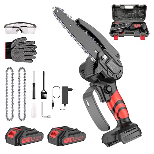 Mini Motosierra Bateria 6 Pulgadas, Eléctrica Motosierra de Mano, Sierra Podar Electrica Pequeñas Portátil, Coda de árboles Corte de Madera, 2 x 2000 mAh Baterías