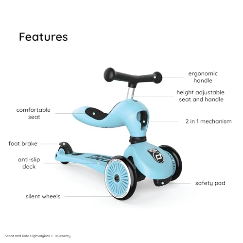 Image of Scoot & Ride Highwaykick 1, 2-in-1 Kids Scooter with Seat, Blueberry