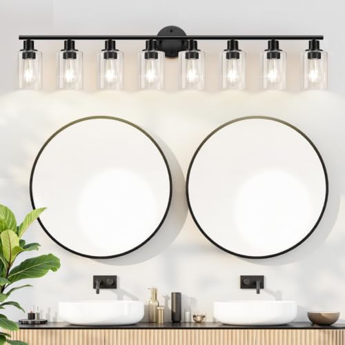 Image of Zarbitta 8-Light Bathroom Light Fixtures, Black Modern Vanity Lights with Clear Glass Shade, Bathroom Wall Lamp, for Mirror Kitchen Living Room Hallway Cabinet Porch