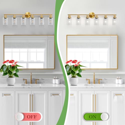 Image of 6-Light E26 Gold Bathroom Vanity Lights, Modern Bathroom Light Fixtures with Clear Glass Shade, Wall Lamps for Mirror Hallway Kitchen Cabinet Living Room Sconces Lights