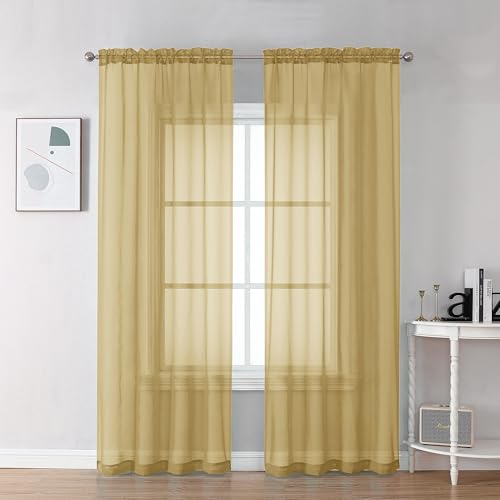 Image of Chyhomenyc Gold Sheer Curtains 78 Inches Long 2 Panels Set for Living Room, Light Filtering Voile Lightweight Bedroom Curtains, Rod Pocket Solid Window Treatment Drapes, Each 42W x 78L