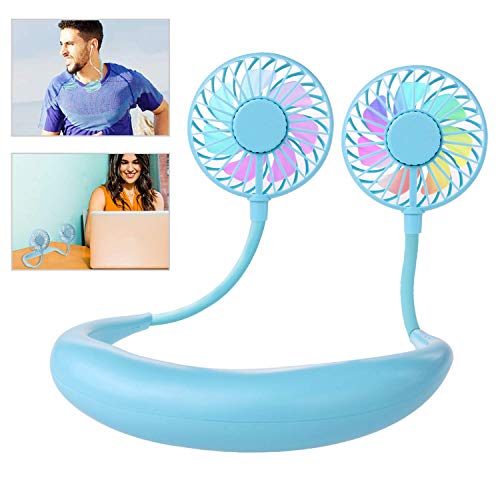 Leipple Neck Fan Portable- Neck Hanging Fan USB Charging Hand Free - Personal Mini Sport Neckband Fan Rechargeable with 3 Speeds Adjustable and LED Light for Sports Travel Outdoor Office (Blue)