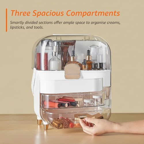 Image of Amazon Basics Glossy ABS+PET+PS Cosmetic Storage Organizer | 27 x 17 x 36.5 cm | 3 Compartments | Waterproof & Dustproof Lid | White (V1COSST5)