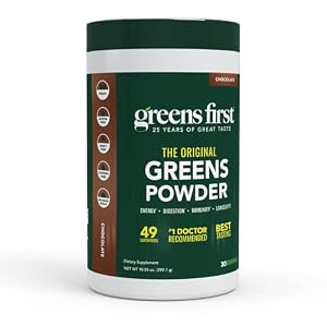 Greens First Original Greens Powder – 49 Superfoods – Organic Fruits & Veggies – Prebiotics, Probiotics & Digestive Enzymes – Antioxidant Smoothie – Dairy Free, Vegan, Non-GMO (Chocolate, 30 Servings)
