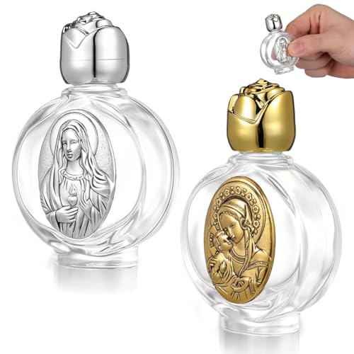 VILLCASE 2pcs Glass Holy Water Bottle, Decorative Bottles Holy Water Container, Portable Empty Container for Anointing Oil, Catholic Christian Presents & Church Home Altar (Gold + Silver)