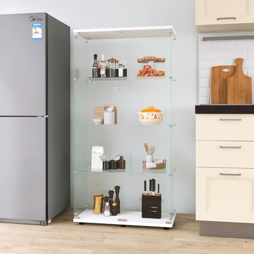 Teahutty Vitrina de cristal de 4 estantes, estantería de vidrio de doble puerta con cerradura, gabinetes de curiosidades de pie para sala de estar, dormitorio, oficina, instalación rápida simple