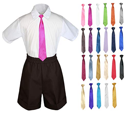 MILLTEX 3 Pieces Set Formal Party Wedding Color Satin Necktie Shirt Brown Shorts Set New Born Baby Boy Toddler Sm-4T (M (6-12 Months Old), Brown)