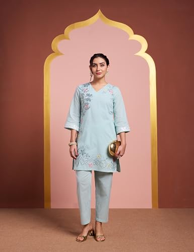 Image of Amazon Brand - Myx Women's Pure Cotton Straight Embroidered Co-ord Set (Available in Plus Sizes)