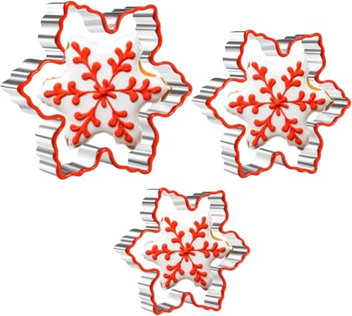 3 Pieces Christmas Cookie Cutters, Snowflake Biscuit Cutter Set, Stainless Steel Cookie Cutter with Soft Silicone for DIY Baking, Christmas Food Party Decoration
