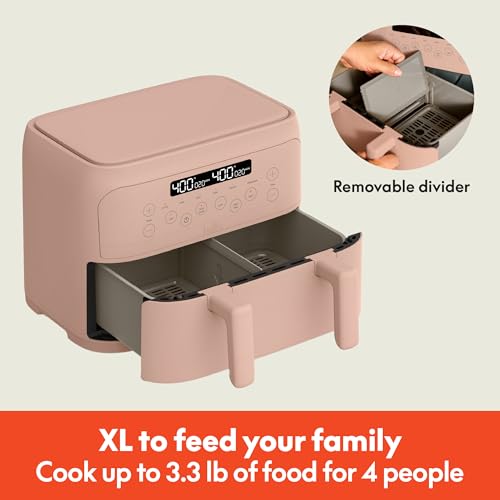 Image of bella 4 Qt TriZone Air Fryer, EverGood Ceramic Nonstick Coating, Dual Basket Design w Removable Divider, Digital Touchscreen Control w 6 Preset Cooking Options, 1200 Watt, 3lb Capacity, Blossom