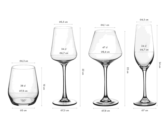 Bjorn Set de verres LAGOM 24 pièces – Service de verres en cristallin sans plomb, verres à eau, flûtes et verres à vin – Arts de la table élégants