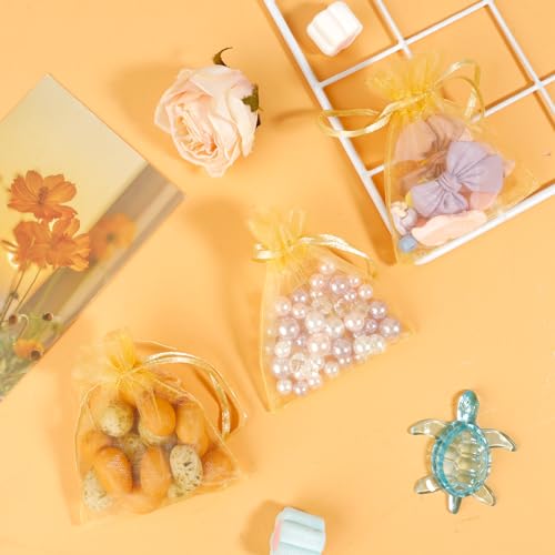 Image of Gold Organza Bags - 50 Pcs, Sheer 4 x 6 Inch Jewelry & Party Favor Bags with Drawstring, Mesh Gift Pouches for Wedding, Valentine's Day Party