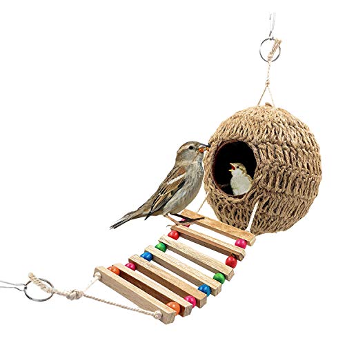 Image of Jainsons Pet Products Natural Earthenware Jute Bird Nest House Hut Cage Feeder for Bird House for Small Birds