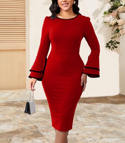 Image of Church Dress for Women Flared Sleeve Midi Pencil Dress Elegant Teacher Office Business Wear to Work Dresses