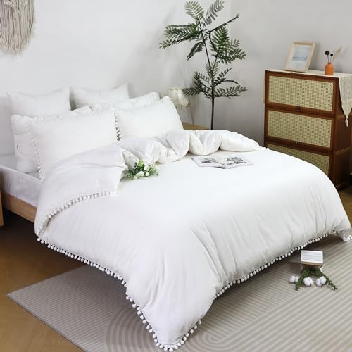 Boho Full Size 3Pcs Duvet Cover Set Lightweight Aesthetic for Girls Teen Farmhouse Bohemian 100% Washed Cotton Bedding Collection White Pom pom Bedding Set