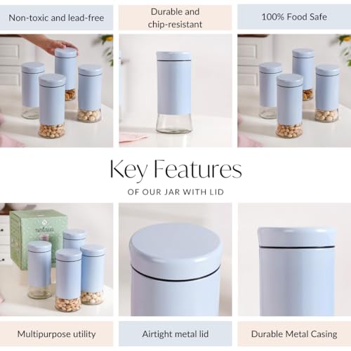 Image of Nestasia Metal Jacketed Glass Jars Set of 4 (1000 ml) | Airtight See - Through Glass Containers with Lids for Kitchen Storage - Ideal for Storing Snacks, Dry Fruits, Pickles or Pulses (Pastel Blue)